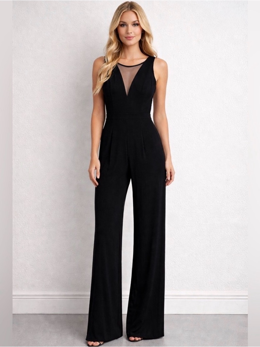 Night Way Collections Black Sleeveless Mesh-Inset Wide-Leg Jumpsuit